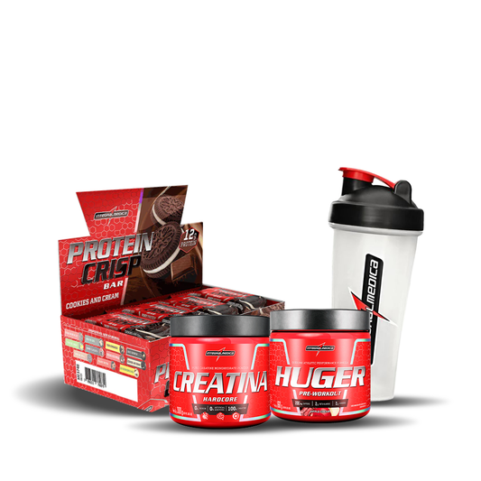 ENERGÍA Y RENDIMIENTO huger pre-workout + creatina + protein crisp + shaker integralmedica 600 ml