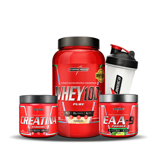 PACK RENDIMIENTO TOTAL - whey 100% pure 2 lb + eaa-9 + creatina hardcore + shaker integralmedica 600 ml