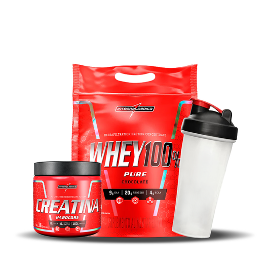 PACK FUERZA Y PERFORMANCE - whey 100% pure (4 lb) + creatina hardcore (300 g) + shaker integralmedica 600 ml