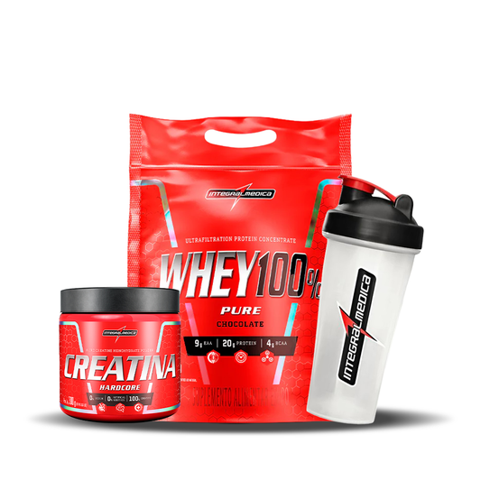 PACK FUERZA Y PERFORMANCE - whey 100% pure (4 lb) + creatina hardcore (300 g) + shaker integralmedica 600 ml